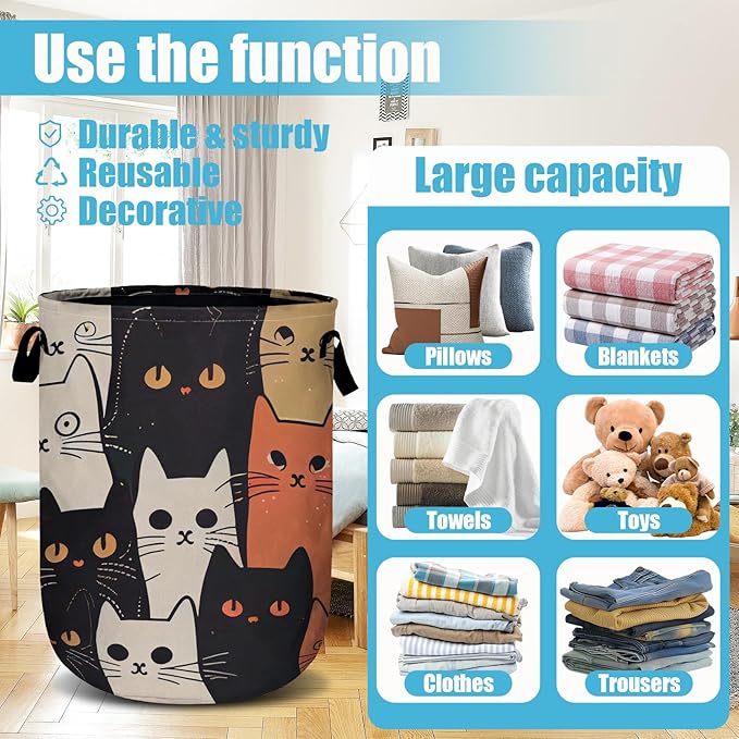 Watercolor Funny Cat Laundry Basket, Laundry Hamper Collapsible Oxford Cloth with Handle Clothes Toy Storage Bin for Bathroom Laundry Room Bedroom 15.7 X 20 Inch