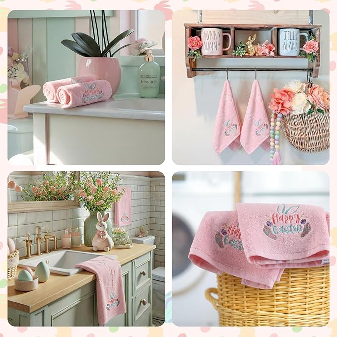 2 Pcs Easter Hand Towels for Bathroom Bunny Easter Bath Towels Pink 100% Cotton Jacquard Embroidered Decorative Gift Set Kitchen Decor Home Accessories