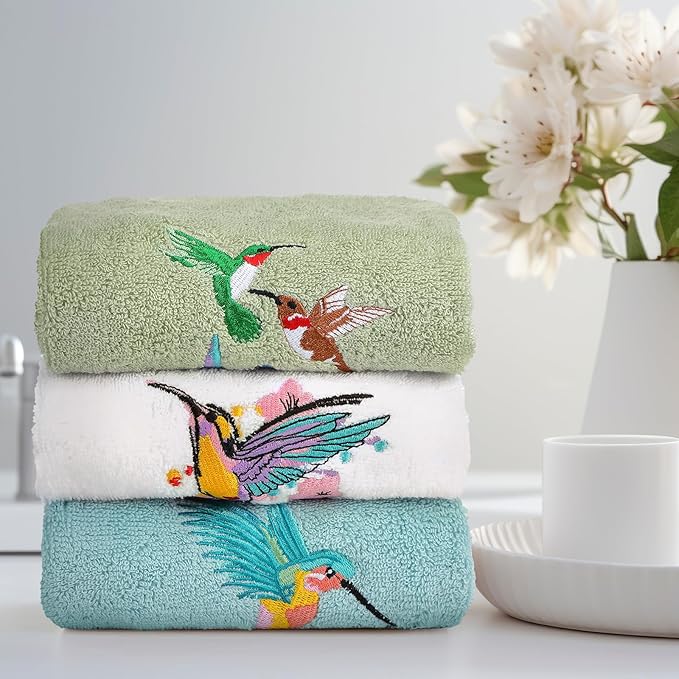 3 Pcs Hummingbird Hand Towels Farmhouse Garden Hummingbird Bathroom Decor 14x29 Inch Embroidered Bird 100% Cotton Soft Decorative Summer Hand Towels for Bathroom Kitchen