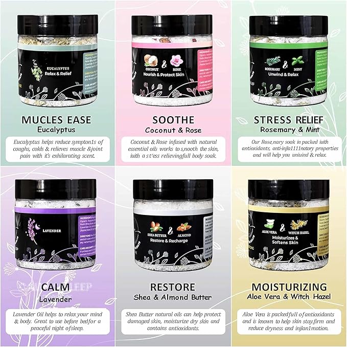 Epsom Bath Salts Gift Set, Relaxing Spa Salt & Essential Oils, Bubble Bath Soaks - Lavender, Eucalyptus, Coconut, Shea Butter, Rose Mary & Aloe Vera Self Care Gifts for Women (6 Pack)