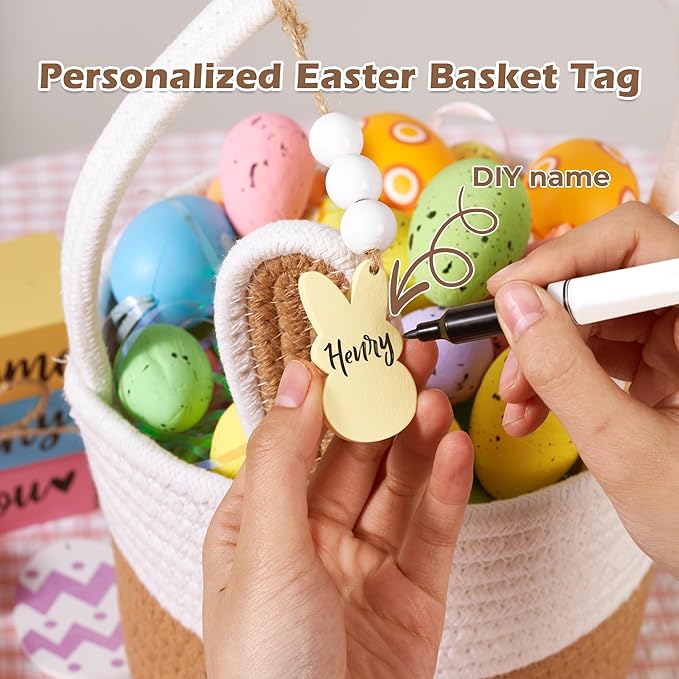 Easter Baskets for Kids, Small Bunny Personalized Easter Basket Empty with Handle, Basket Name Tags, Woven Rope Baby Easter Egg Baskets for Babies Girls Boys Toddler Infant, 9" x 9" x 6.3"