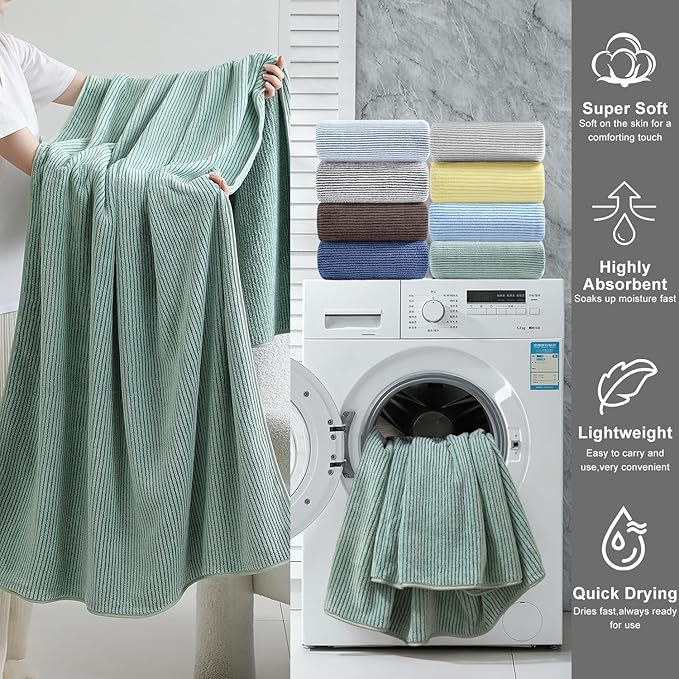 8-Piece Premium Towel Set for Bathroom|2 Oversized Large Bath Sheet,2 Hand Towels,4 Washcloths|Soft Cozy Highly Absorbent Fast Dry Microfiber Shower Towel Set for Hotel Bathroom Essentials,Green
