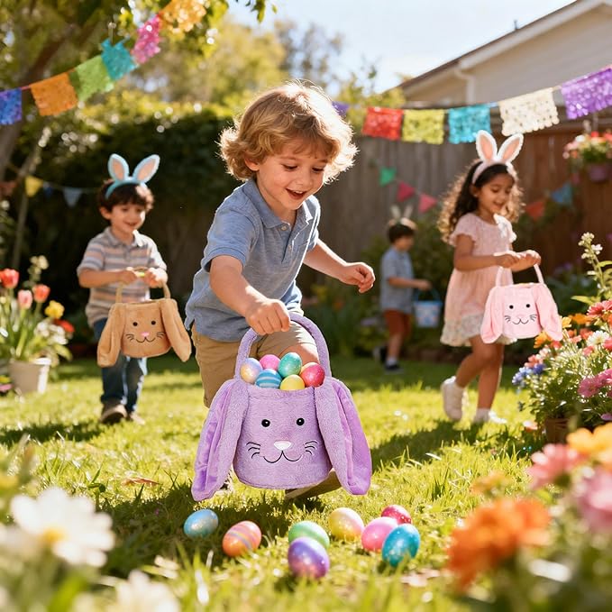 Easter Bunny Basket for Kids, Fluffy Easter Egg Hunt Bag Soft Fabric, Cute Rabbit Tote Bags with Long Plush Ear Easter Tote Bags for Candy Gifts Storage (Purple)