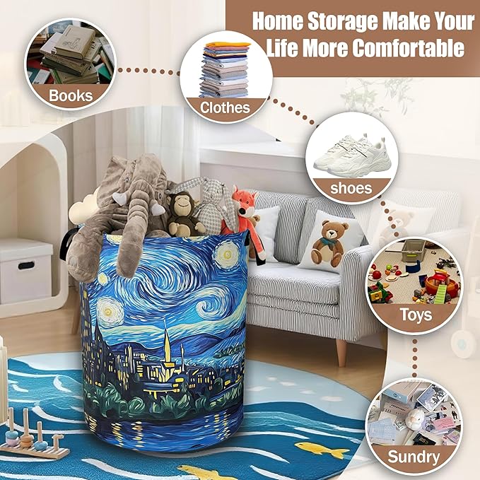 Starry Night Laundry Basket,Waterproof Foldable Laundry Hamper,Dirty Clothes Basket, Linen Bin Storage Organizer Collection 16" x 20.8"
