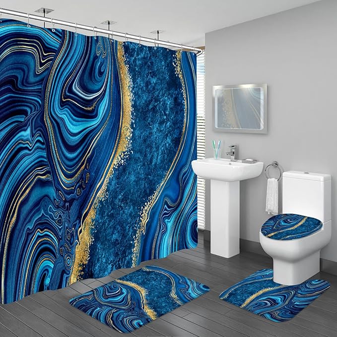 4PCS Blue Gold Marble Shower Curtain Sets with Rugs, Abstract Bathroom Sets with Shower Curtain and Rugs, Modern Bathroom Curtains Shower Set with Toilet Lid Cover for Bathroom Decor