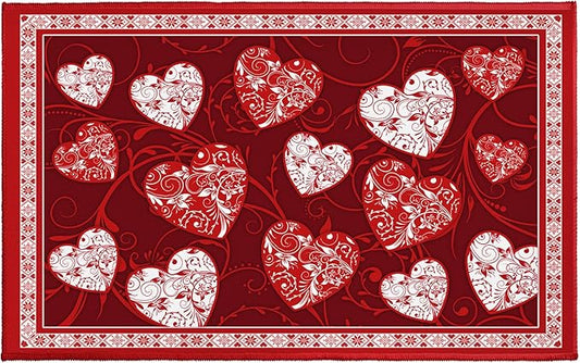 32x20in Valentine Bathroom Rug- Romantic Red White Hearts Bath Mats- Symbol of Love Non-Slip Holiday Soft Velvet Bath Rugs for Shower Room Bathtub Sink Bedside