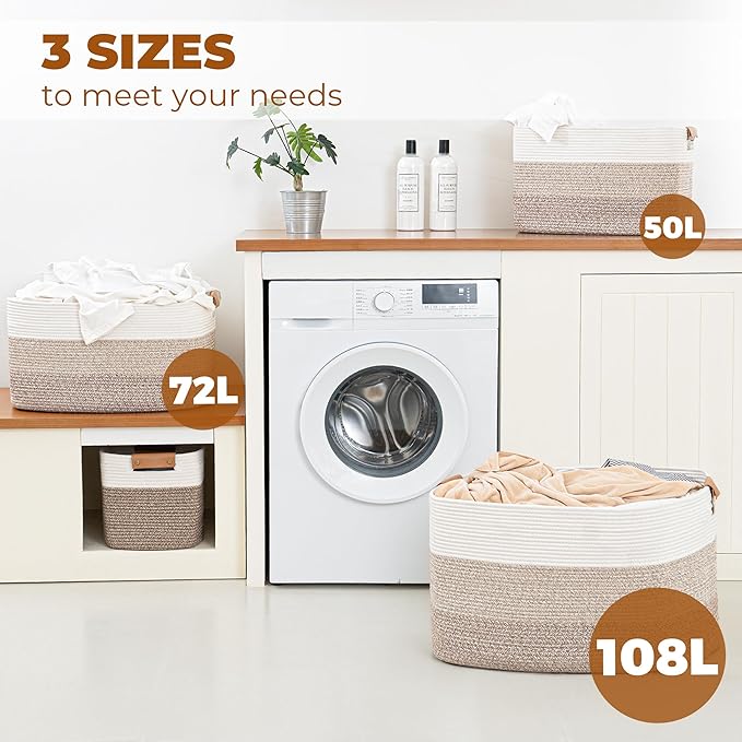 danpinera Large Woven Basket 72L+50L Rectangle Toy Storage Basket for Living Room, Nursery & Laundry, Large Cotton Rope Basket with Leather Handle, Gradient Gray&Brown