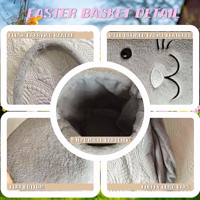 Easter Bunny Basket for Kids, Fluffy Easter Egg Hunt Bag Soft Fabric, Cute Rabbit Tote Bags with Long Plush Ear Easter Tote Bags for Candy Gifts Storage (Gray)