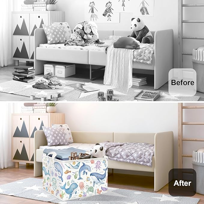 Sea Animals Laundry Hamper Ocean Fish Coral Large Storage Basket Parents Organizer Kids Clothes Toy Bins for Bedroom, Bathroom, Blue Whales, 36L