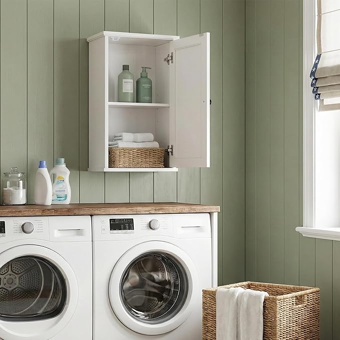Over The Toilet Storage Cabinet, Above Toilet Organizer with Rattan Door, Modern White Finish, 13x25 inch Space Saving Bathroom Medicine Cabinet