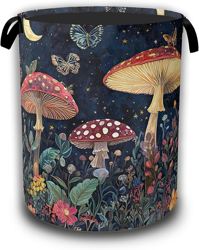Vintage Mushroom Moon Laundry Hamper,Laundry Baskets,Waterproof Oxford Cloth Toy Storage for Bedroom,Bathroom,Nursery,16x20.8 Inch