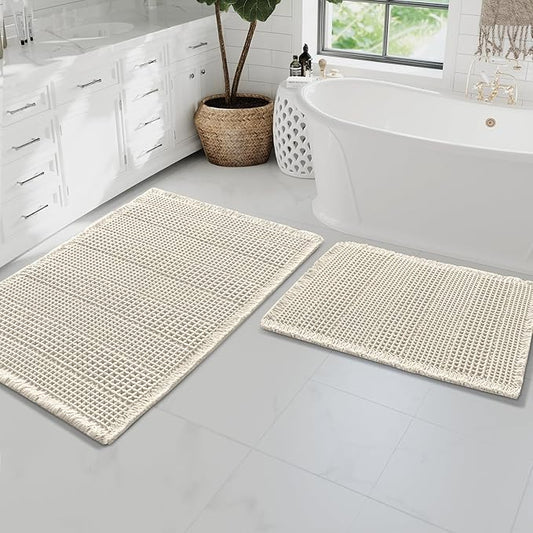H.VERSAILTEX Waffle Bath Mat Super Absorbent Bathroom Mats Non Slip Bath Rugs for Bathroom Floor Machine Washable Ultra Soft Bathroom Rugs for Beside Tub, (32 x 20 Plus 24 x 17 - Inches, Ivory)