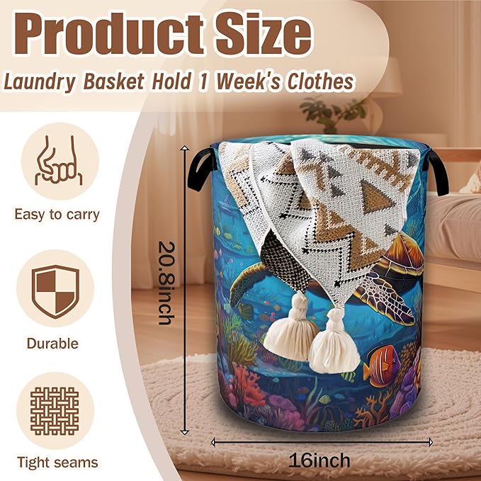 Sea Turtle Laundry Basket,Waterproof FoldableTropical Coral Reef Fish Laundry Hamper,Dirty Clothes Basket, Linen Bin Storage Organizer Collection 16" x 20.8"