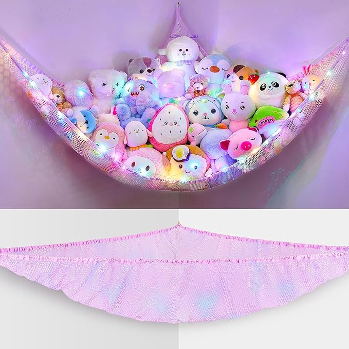 Unicorn Castle Stuffed Animals Net or Hammock Kids Toy Storage Organizer with LED Light Hanging Corner Stuffed Animals Holder Kids Girls Room Decor,Pale-Pink,Large (Pack of 1)