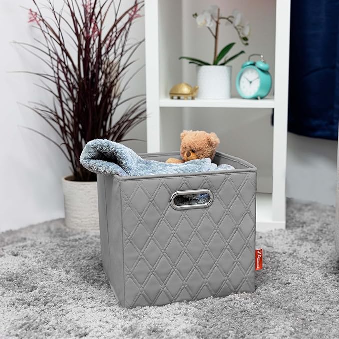 FH Group JIAessentials 11" Faux Leather Foldable Storage Cube Bins Set of 2 – Gray Diamond Patterned Organizers with Handles for Closet & Shelves