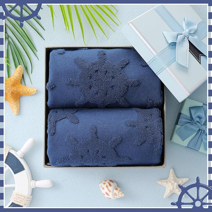 2 Pcs Nautical Hand Towels for Bathroom 100% Cotton Jacquard Weave Bath Towel Set Soft Absorbent Dish Washcloth for Bathroom Kitchen Coastal Theme Gifts 13.8 x 29.5 Inch (Navy Blue)