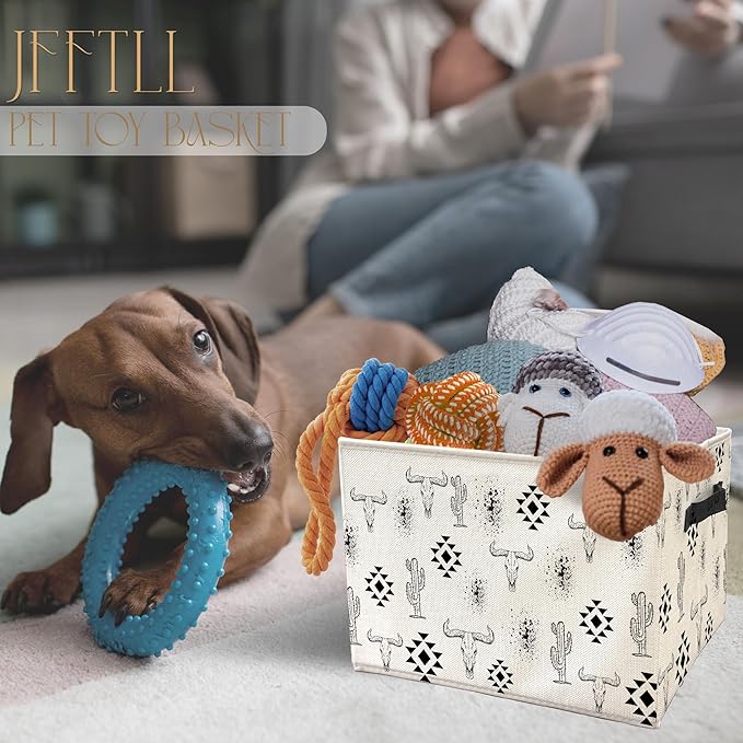 Western Storage Bins with Handles, Western Room Decor, Southwest Country Aztec Cactus Bull Skull Collapsible Laundry Basket Storage Box for Home Bedroom Bathroom Clothes Toys Books