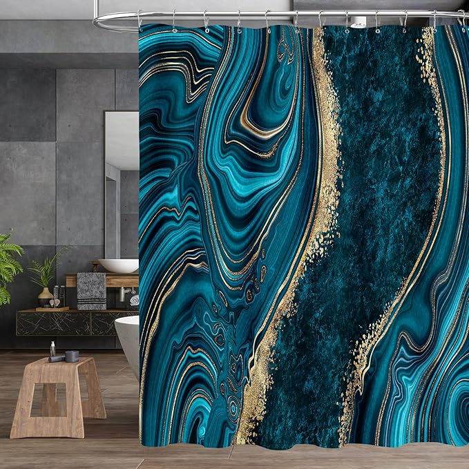 4PCS Teal Blue Gold Marble Shower Curtain Sets with Rugs, Abstract Bathroom Sets with Shower Curtain and Rugs, Modern Bathroom Curtains Shower Set with Accessories for Bathroom Decor