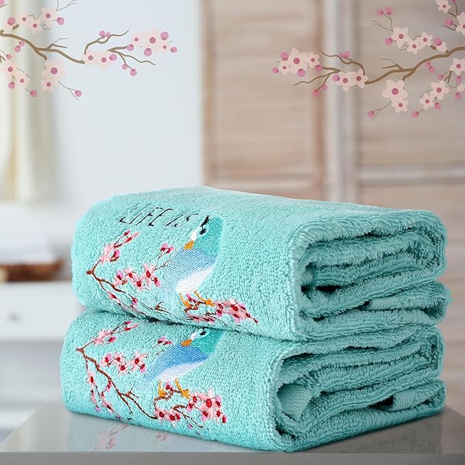 2 Pcs Bird Hand Towels Mint Green Bathroom Decor 14x29 Inch Embroidered 100% Cotton Soft Absorbent Spring Summer Decorative Hand Towels for Bathroom Kitchen