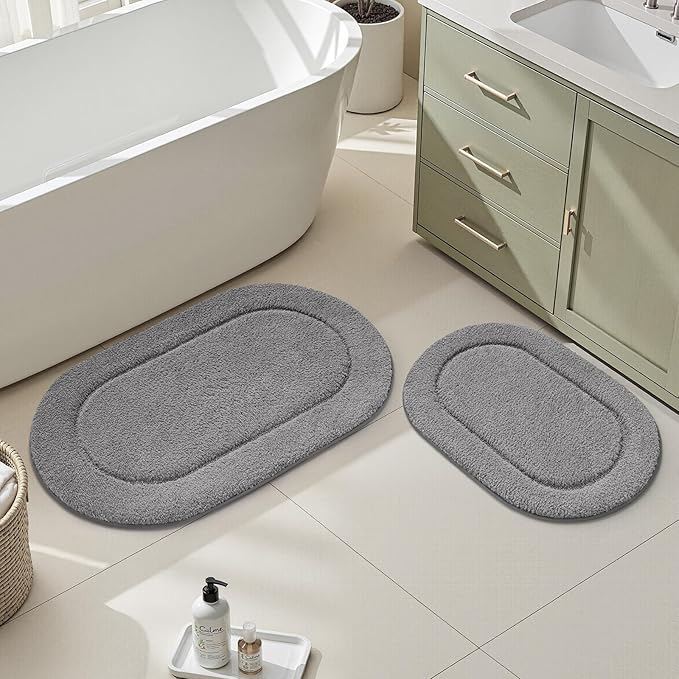 HOMEIDEAS Bathroom Rugs Sets 2 Piece, Soft Bathroom Mats and Absorbent Microfiber Machine Washable Bath Mats for Shower Room, Bathtub, Kitchen (20" x 32" + 16" x 24", Grey)