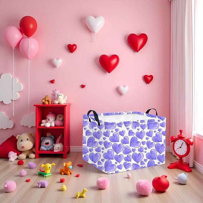 HIYAGON Rectangular Valentines Basket Fabric Storage Bin Storage Boxes Collapsible Storage Basket for Clothes Books Shelves Basket(Purple Heart)