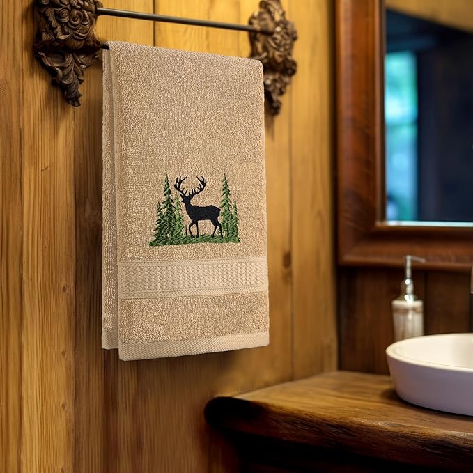 3 Pcs Farmhouse Cabin Bear Hand Towels Forest Moose Deer Embroidered Rustic Decorative Bathroom Towels for Bathroom Kitchen Decor, 100% Cotton, 13.3 x 29.5''