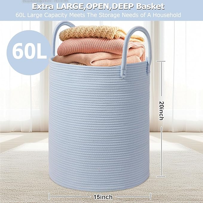 Large Woven Laundry Basket Hamper,60L Cotton Rope Storage Basket for Blankets in living room,Decorative Tall Nursery Hamper for Toys and Clothes,Baby Basket,Blue