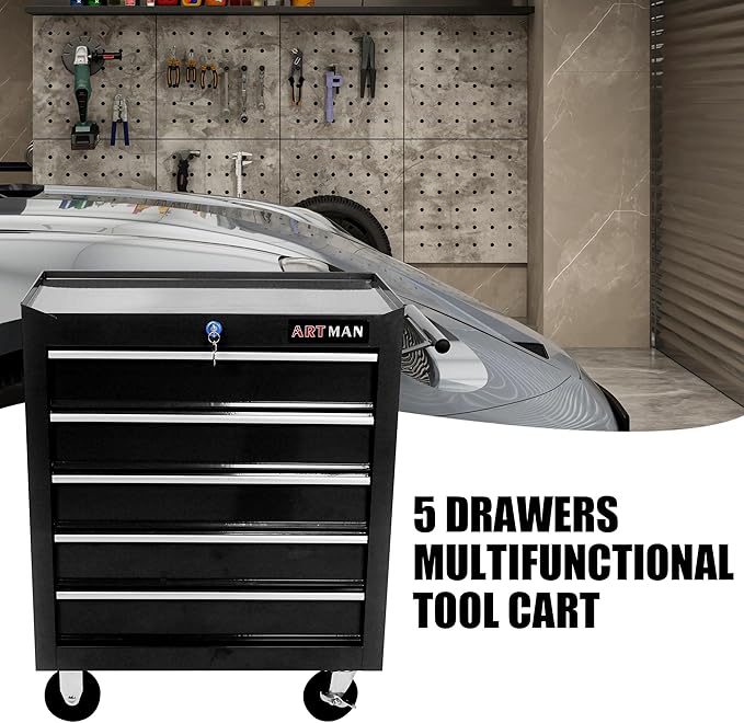 5 Drawers Rolling Tool Chest Cart ,24.2*12.9*29.9"Tool Storage Cabinet With 4 Wheels.Portable Tool Cabinet Trolley With Locking System and Drawer Liners.Tool Storage Cart for Garage,Workshop