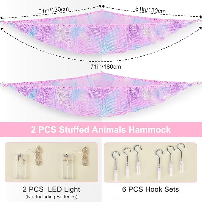 Unicorn Castle Stuffed Animals Net or Hammock Kids Toy Storage Organizer with LED Light Hanging Corner Stuffed Animals Holder Kids Girls Room Decor,Pink-Purple-Yellow,Large (Pack of 2)