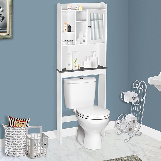 ZenStyle Over The Toilet Cabinet Double Door Wood Bathroom Storage Organizer with Adjustable Shelves, Cubby and Tempered Glass Door (White)