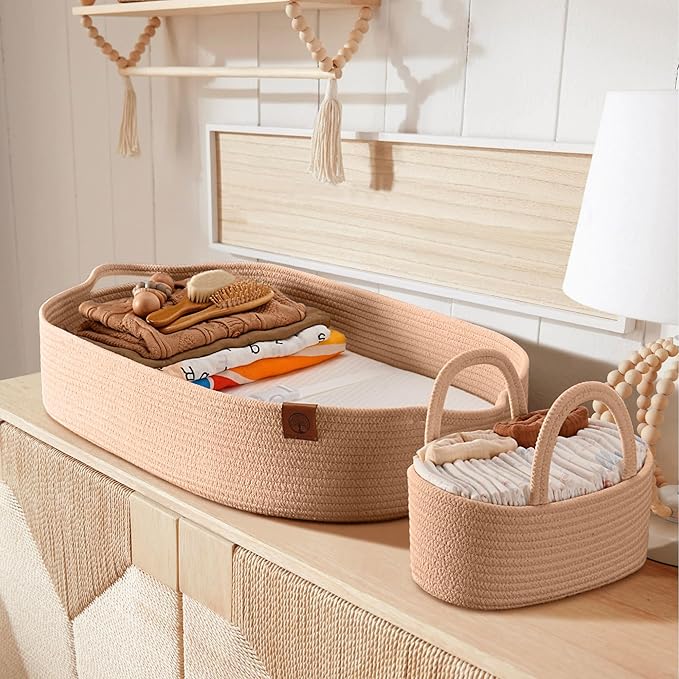 Baby Changing Basket Includes Diaper Caddy - Soft & Waterproof Dual-Cover, Portable, Changing Pad for Dresser & Changing Table, Gift for Baby Shower, Organic Cotton Rope