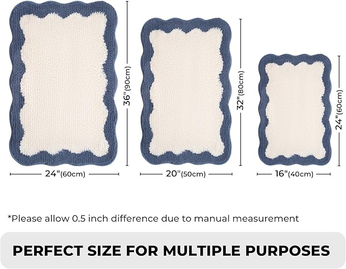 GRANNY SAYS Waved Deep Blue Bathroom Rugs, 24" x 16", Non-Slip Bath Mats for Bathroom, Plush Shag Absorbent Microfiber Ultra Soft Scalloped Bath Mat, Cute Washable Rug for Tub, Shower, Bedroom