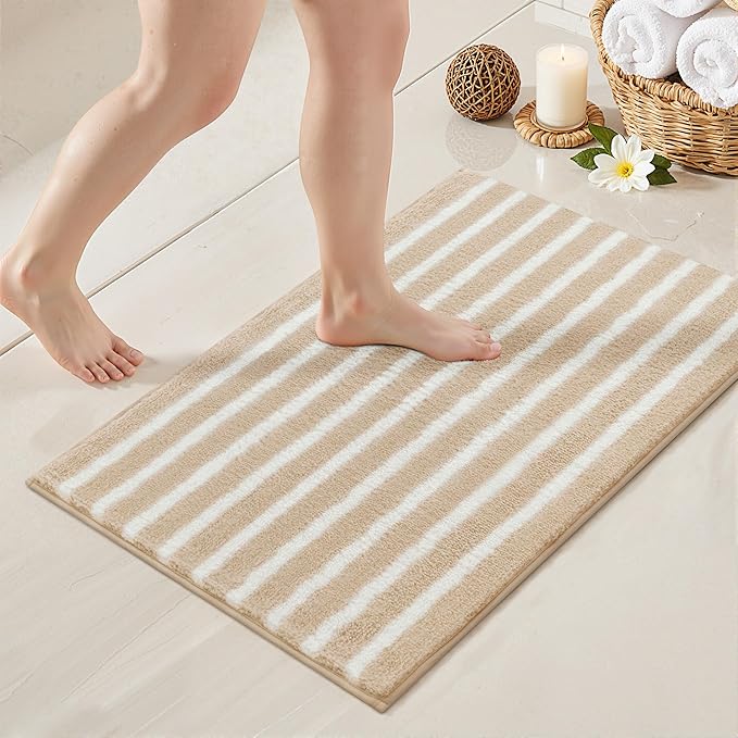 GRANNY SAYS Striped Bathroom Rugs Non Slip, 16" x 24", Bath Rugs for Bathroom Washable, Bath Mats for Floor, Microfiber Bath Mat for Tub, Absorbent Bath Rugs for Shower Room, Beige