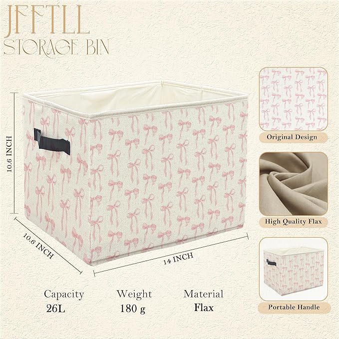 Coquette Pink Bow Storage Bins with Handles, Coquette Room Decor, Preppy Girly Aesthetic Collapsible Laundry Basket Storage Box for Home Bedroom Bathroom Clothes Toys Books