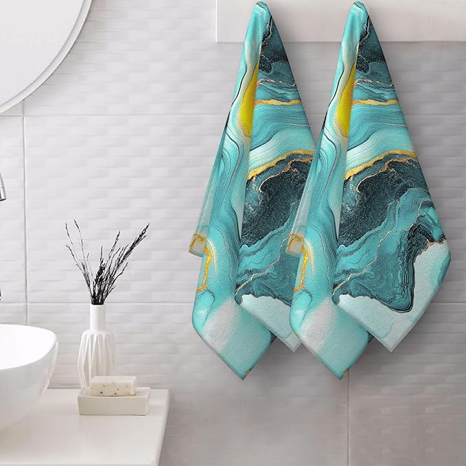 Green Teal Gold Bath Hand Towels Set of 2 Soft Absorbent Abstract Marble Texture Decorative Bathroom Hand Towels for Bathroom Kitchen Home Spa Hotel Yoga Farmhouse Decor