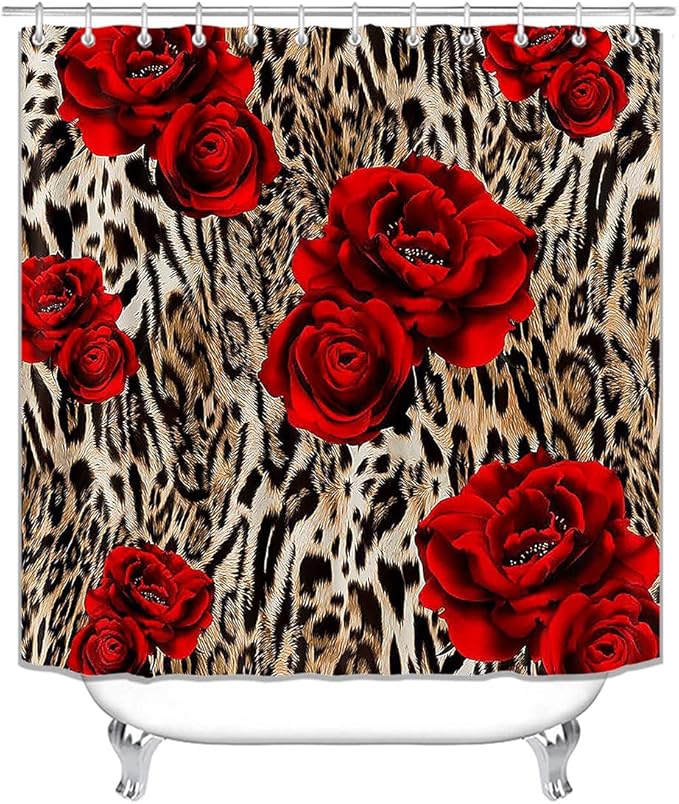4PCS/Set Brown Leopard Print Shower Curtain, Romantic Red Rose Panthera Cheetah Safari Wildlife Wild Animal Skin Pattern Women Bathroom Decor, Non-Slip Bath Rugs Toilet Mats, Blooming Floral