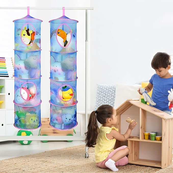 Basumee Stuffed Animals Net or Hammock 2 Pcs Stuffed Animals Storage Toy Net Hammock for Plushies Storage Organizer Mesh Kids Girls Room Decor, Blue Teal, 4 Tiers