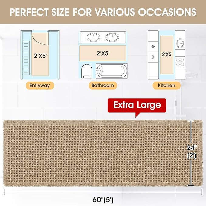 Accumtek Extra Large Waffle Bath Mat, 5'x2' Beige, Super Absorbent Non-Slip Quick Dry Bathroom Rugs with Tassels, Machine Washable Ultra Soft Boho Bath Rugs for Floor, Toilet Mats Boho Farmhouse Decor