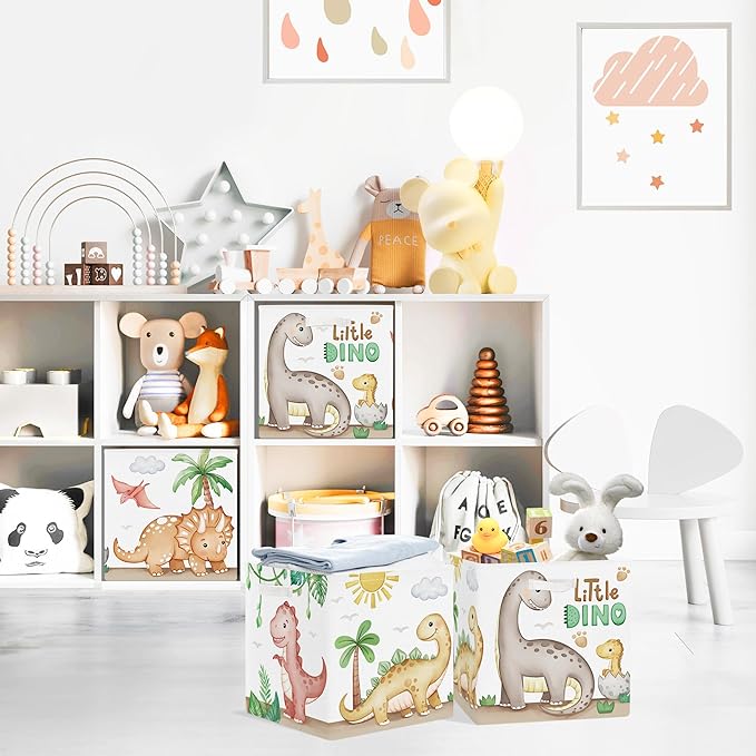 Clastyle Dinosaurs Storage Cube Organizer Set Plants Closet Clothes Cube with Metal Frame Foldable Parents Organizer Storage Basket for Book Toy,Brown,11.8x11.8x11.8 in
