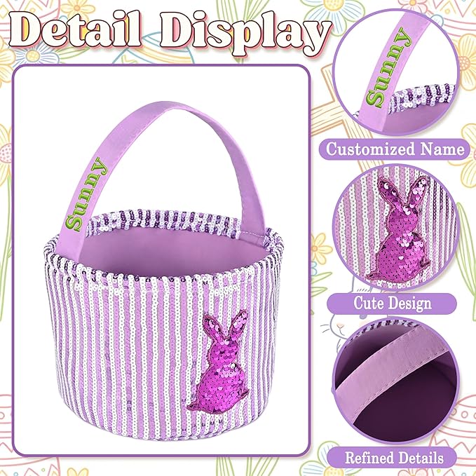Personalized Easter Basket for Kids, Boys & Girls – Ideal for Egg Hunting & Easter Gift Storage (Purple Sequin Bunny Basket)