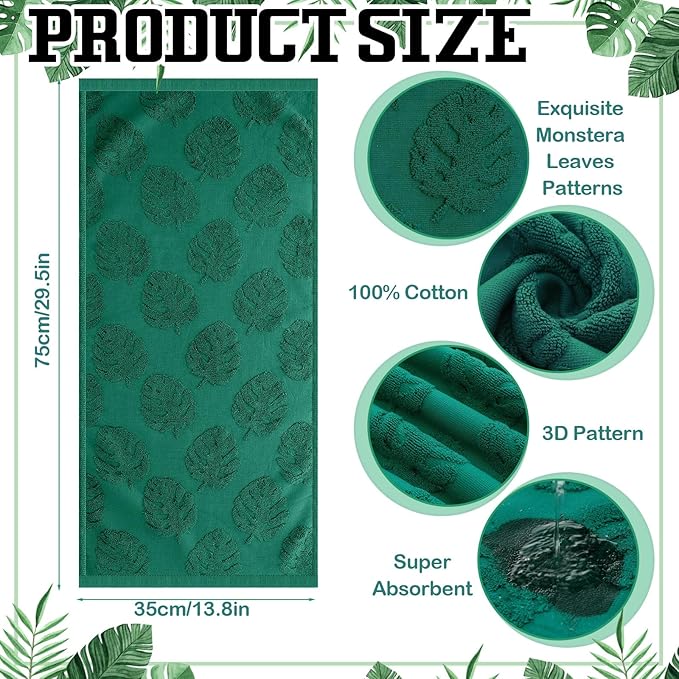 2pcs Monstera Leaves Hand Towels for Bathroom 100% Cotton Jacquard Weave Bath Towel Absorbent Dish Washcloth for Bathroom Kitchen Beach Summer Plant Gifts 13.8 x 29.5 Inch (Dark Green)