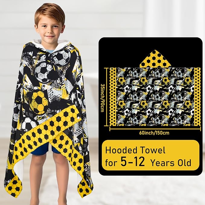 Hooded Towels for Kids Soccer 60" x 35" Toddler Bath Beach Towel Poncho with Hood Super Soft and Absorbent 100% Microfiber for Boys Ages 5-12