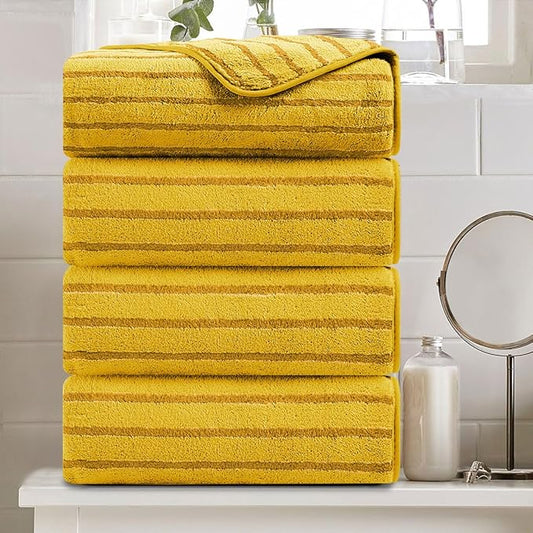 4 Pcs Yellow Cabana Stripe Large Bath Towels 35"x70" Oversized Bath Sheet Super Soft Breathable Jumbo Bathroom Towels Highly Absorbent Shower Towel Quick Dry Beach Chair Towel Spa Gym Hotel Towel Set