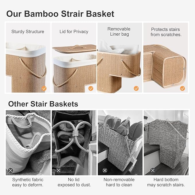 Stair Basket with Lid & Handle – Staircase Storage Basket for Wooden & Carpeted Stairs, Foldable Step Baskets for Stairs, Bamboo Storage Bin Organizer for Stair, shoes & Books (Soft Wheat)