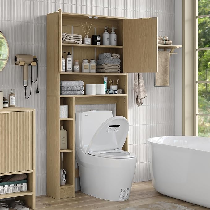 Furnideco 31''W Over Toilet Storage Cabinet Modern Above Toilet Shelf Cabinet with Fluted Doors & Toilet Paper Storage Holder for Bathroom, Natural Oak