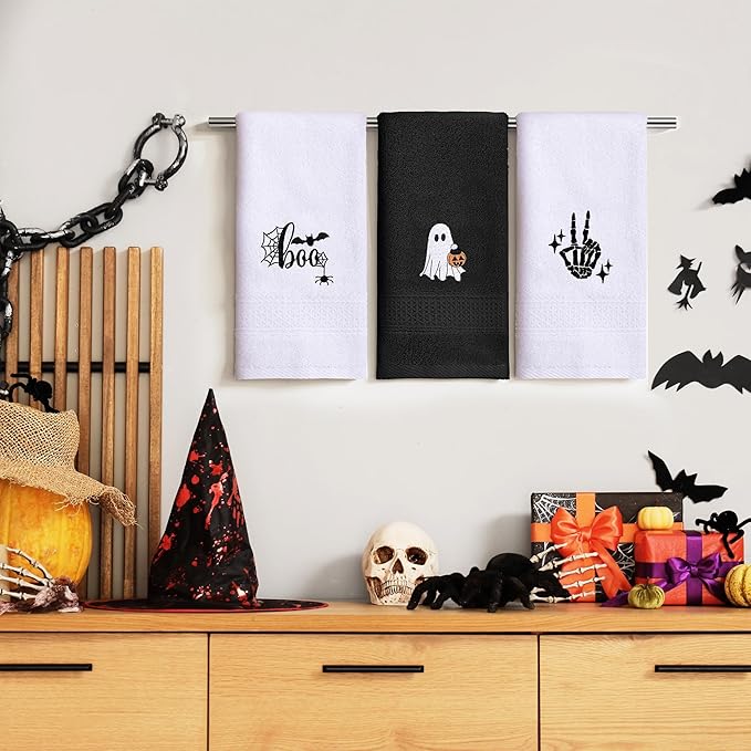 3 Pcs Halloween Hand Towels for Bathroom, Boo Ghost Black White Embroidered Towels Farmhouse Decorative 13.78 x 29.53 Inch Absorbent Soft Cotton for Kitchen Dish Fast Drying Gift