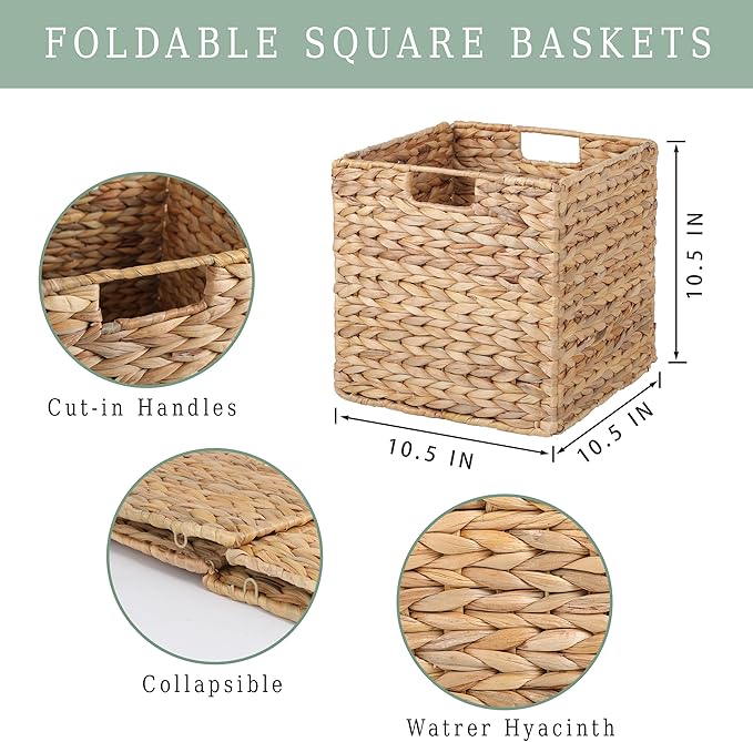 10.5x10.5 Water Hyacinth Storage Baskets, Collapsible Square Wicker Baskets Cube Storage Bins for IKEA Kallax, Set of 3