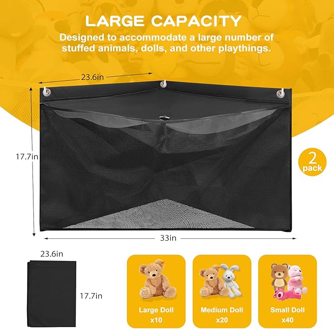ANROYE 2PCS Large Corner Stuffed Animal Storage, Kids Plushies Toy Black Wall Hammock for Girls Room, Baby Squishmallow Holder for Nursery, Organizer Idea for Bear Hanging Display Boy Gift
