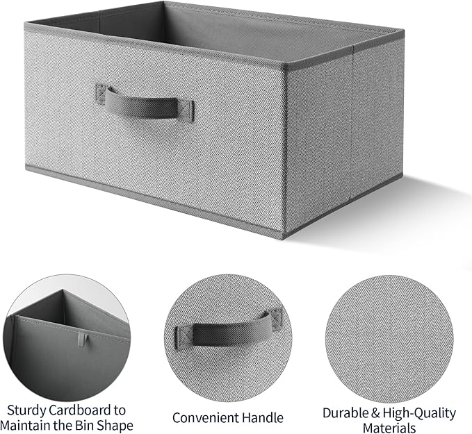 Storage Baskets, 15.7 Inch Woven Fabric Bins, Storage Cubes with Reinforced Handles, Organizer Bins for Closet Shelves, Foldable, for Toys, Clothes (3PCS/Grey-15.7*11*7.8inch)