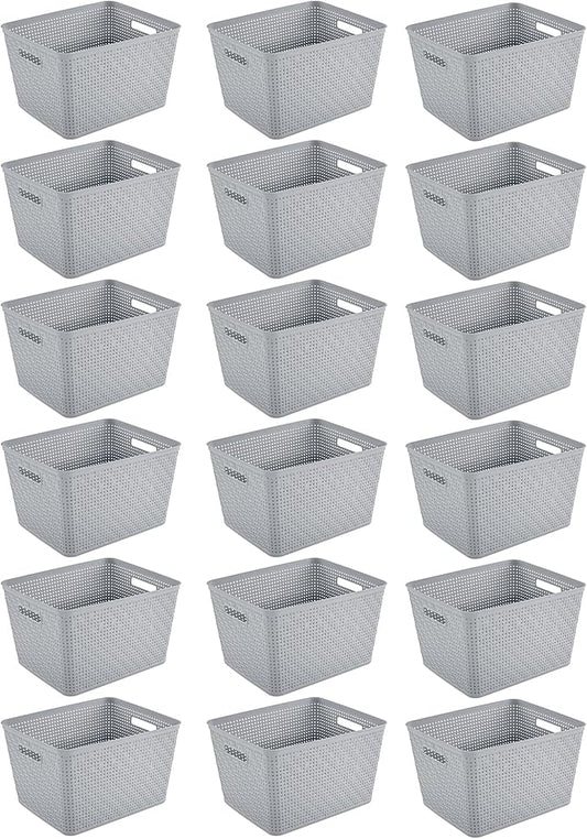 Sterilite 18 Pack Plastic Storage Bin Organization Containers, Tall Baskets, Cement